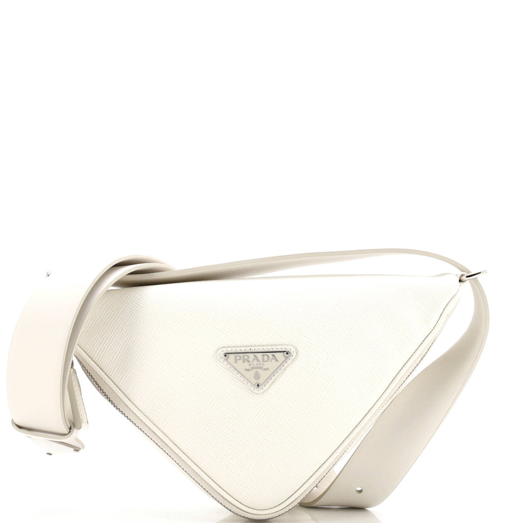 Prada Triangle Logo Zip Around Shoulder Bag Saffiano Leather White