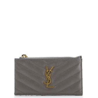 Saint Laurent Monogram Fragments Zip Card Holder Matelasse Chevron Leather