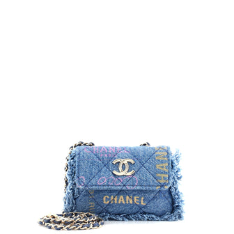 Chanel Denim Mood Flap Clutch with Chain Logo Printed Quilted Fringe Denim