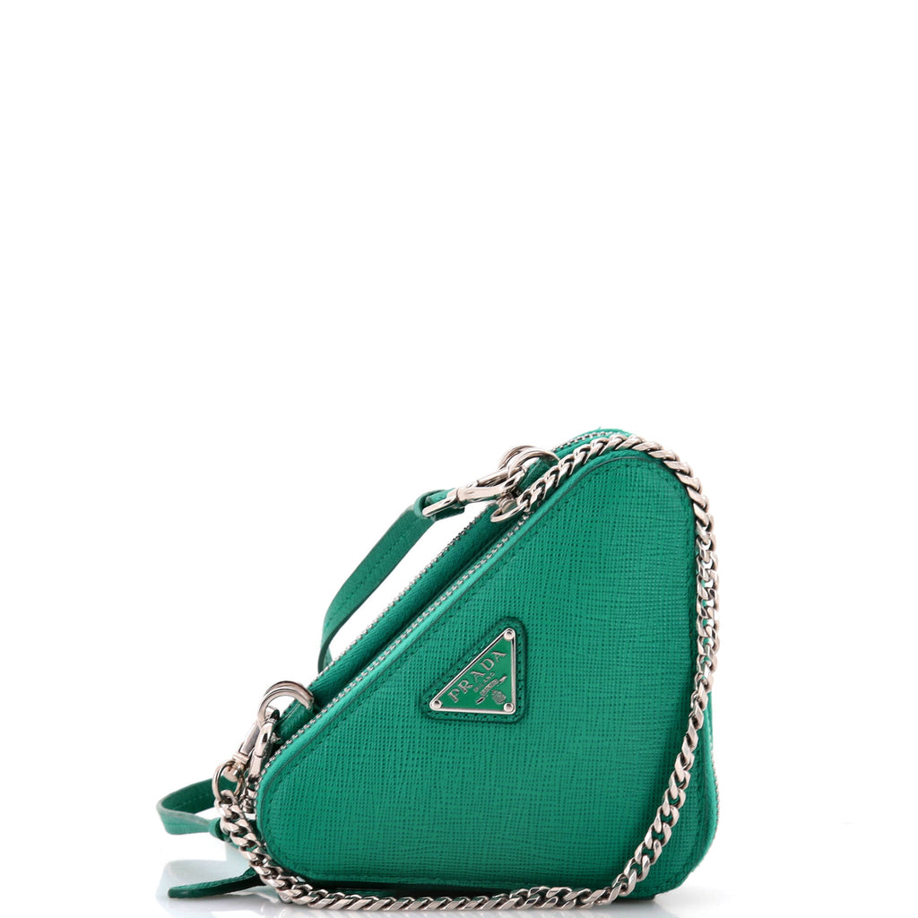 Prada Triangle Double Zip Pouch Bag with Chain Saffiano Leather