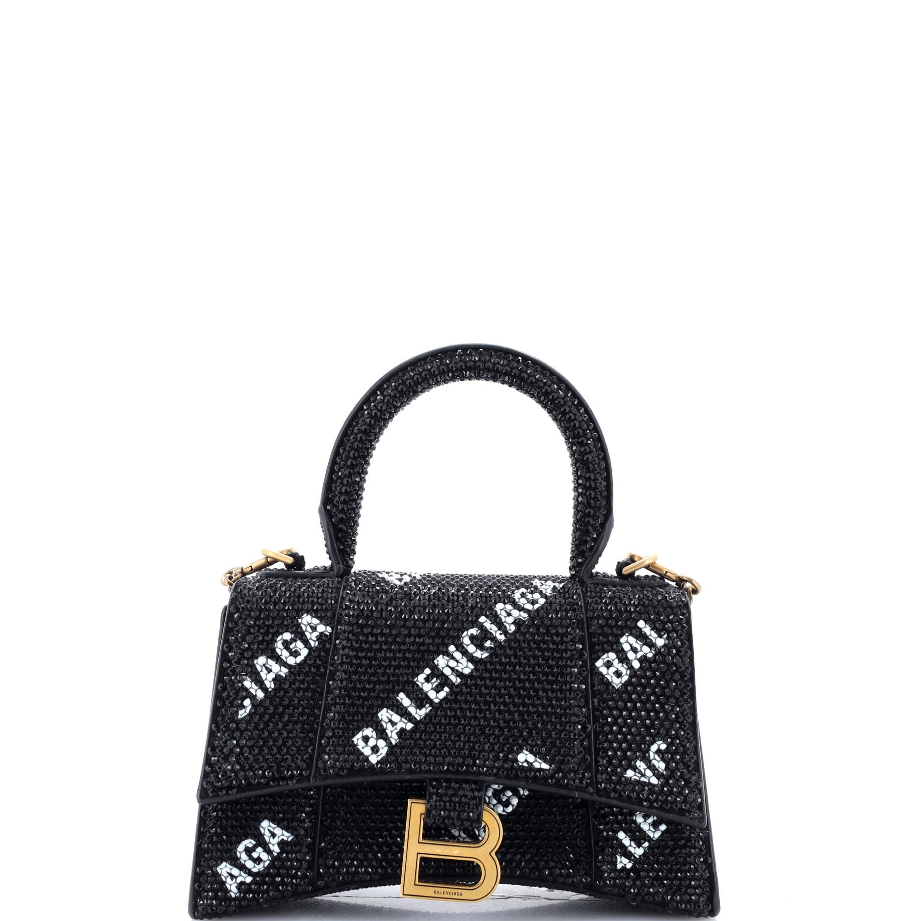 Balenciaga Hourglass Top Handle Bag Suede and Allover Logo Crystals XS  Black 3358841