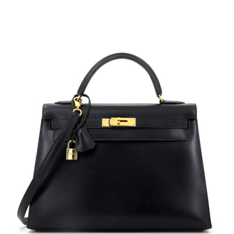 Hermes Kelly Handbag Black Box Calf with Gold Hardware 32