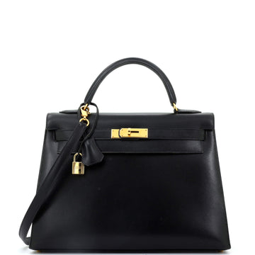 Hermes Kelly Handbag Black Box Calf with Gold Hardware 32