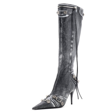Balenciaga Women's Cagole Knee High Boots Printed Studded Leather 90