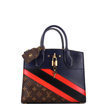 Louis Vuitton City Steamer Handbag Limited Edition Striped Leather with Monogram Canvas PM