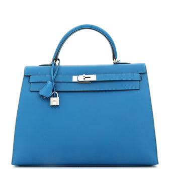 Hermes Kelly Handbag Blue Epsom with Palladium Hardware 35