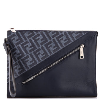 Fendi Zip Flat Wristlet Pouch Zucca Coated Canvas and Leather Medium