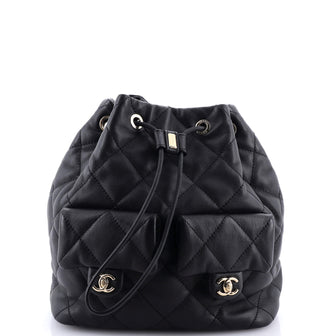 Chanel Double Pocket Drawstring Backpack Quilted Calfskin Small