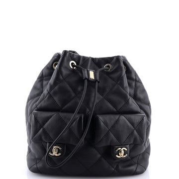 Chanel Double Pocket Drawstring Backpack Quilted Calfskin Small