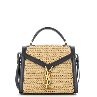 Saint Laurent Cassandra Top Handle Bag Raffia with Leather Mini