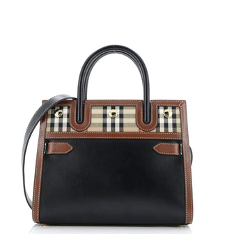Burberry Title Two Handle Tote Leather with Vintage Check Canvas Mini