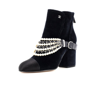 Chanel Women's Pearl Chain Strap Ankle Boots Corduroy