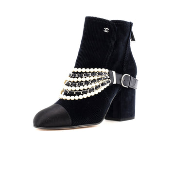 Chanel Women's Pearl Chain Strap Ankle Boots Corduroy