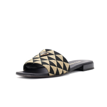 Prada Women's Logo Flat Slide Sandals Triangle Embroidered Canvas