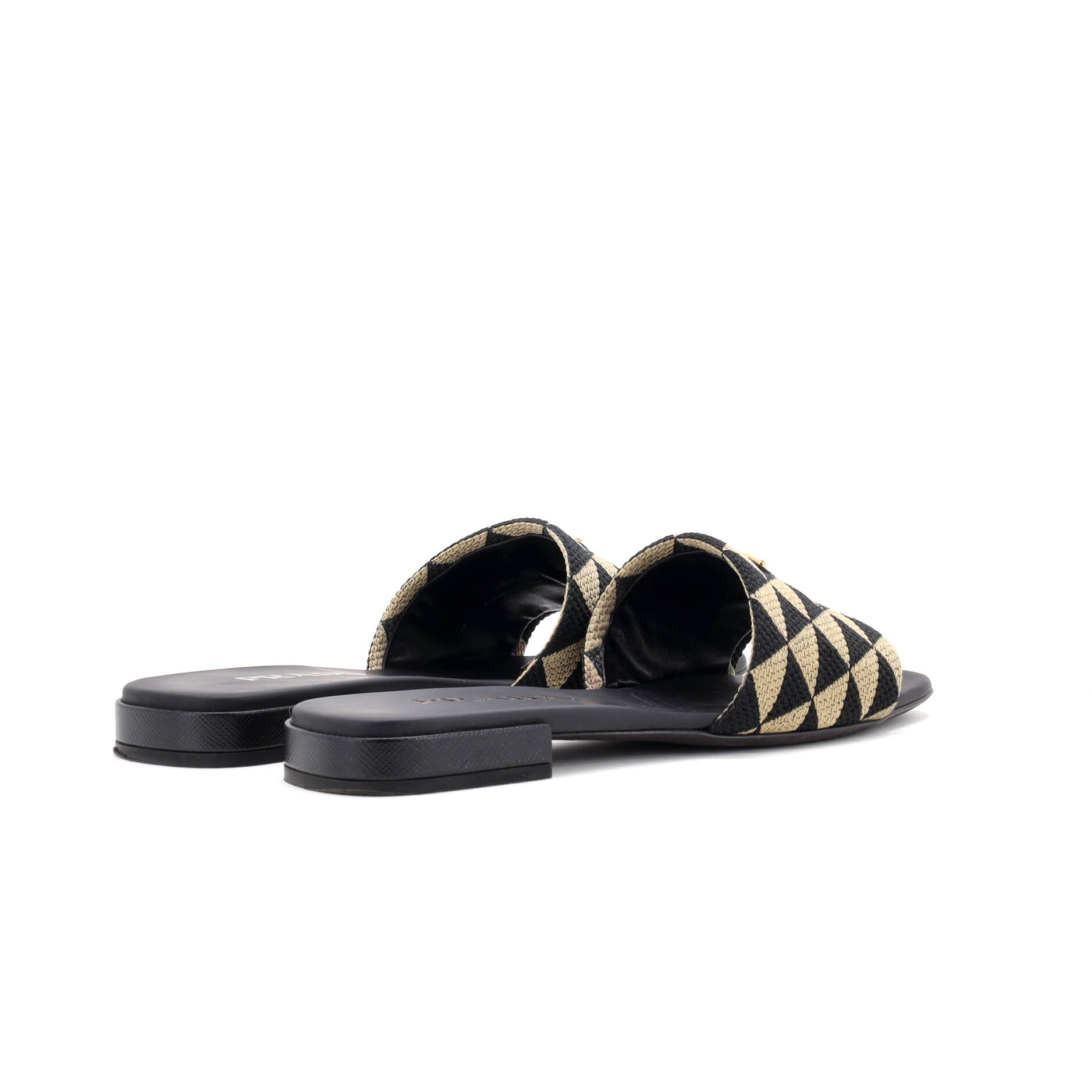 Prada Women's Logo Flat Slide Sandals Triangle Embroidered Canvas