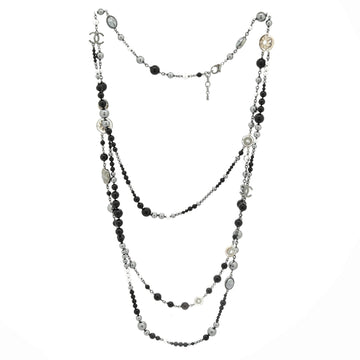Chanel CC Triple Strand Necklace Metal and Faux Pearls with Beads