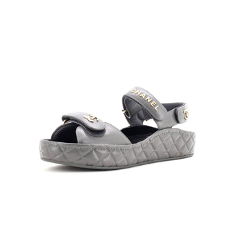 Chanel Women's Logo Velcro Strap Wedge Sandals Quilted Leather