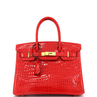 Hermes Birkin Handbag Red Shiny Porosus Crocodile with Gold Hardware 30