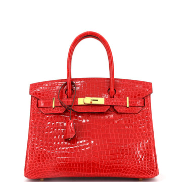 Hermes Birkin Handbag Red Shiny Porosus Crocodile with Gold Hardware 30