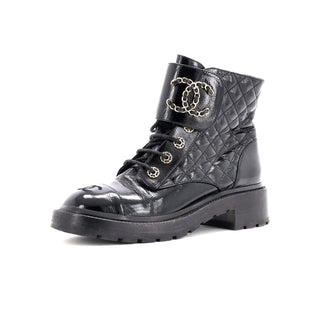Chanel Women's Chain CC Cap Toe Lace Up Combat Boots Quilted Shiny Calfskin