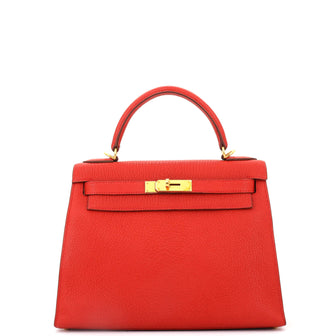 Hermes Kelly Handbag Red Chevre de Coromandel with Gold Hardware 28