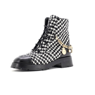 Chanel Women's Chain CC Cap Toe Lace Up Combat Boots Tweed and Leather