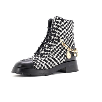 Chanel Women's Chain CC Cap Toe Lace Up Combat Boots Tweed and Leather