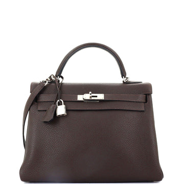 Hermes Kelly Handbag Brown Clemence with Palladium Hardware 32