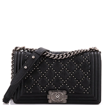 Chanel Boy Flap Bag Studded Quilted Distressed Calfskin Old Medium