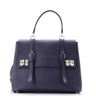 Prada Half Flap Double Turn Lock Satchel Saffiano Leather Medium