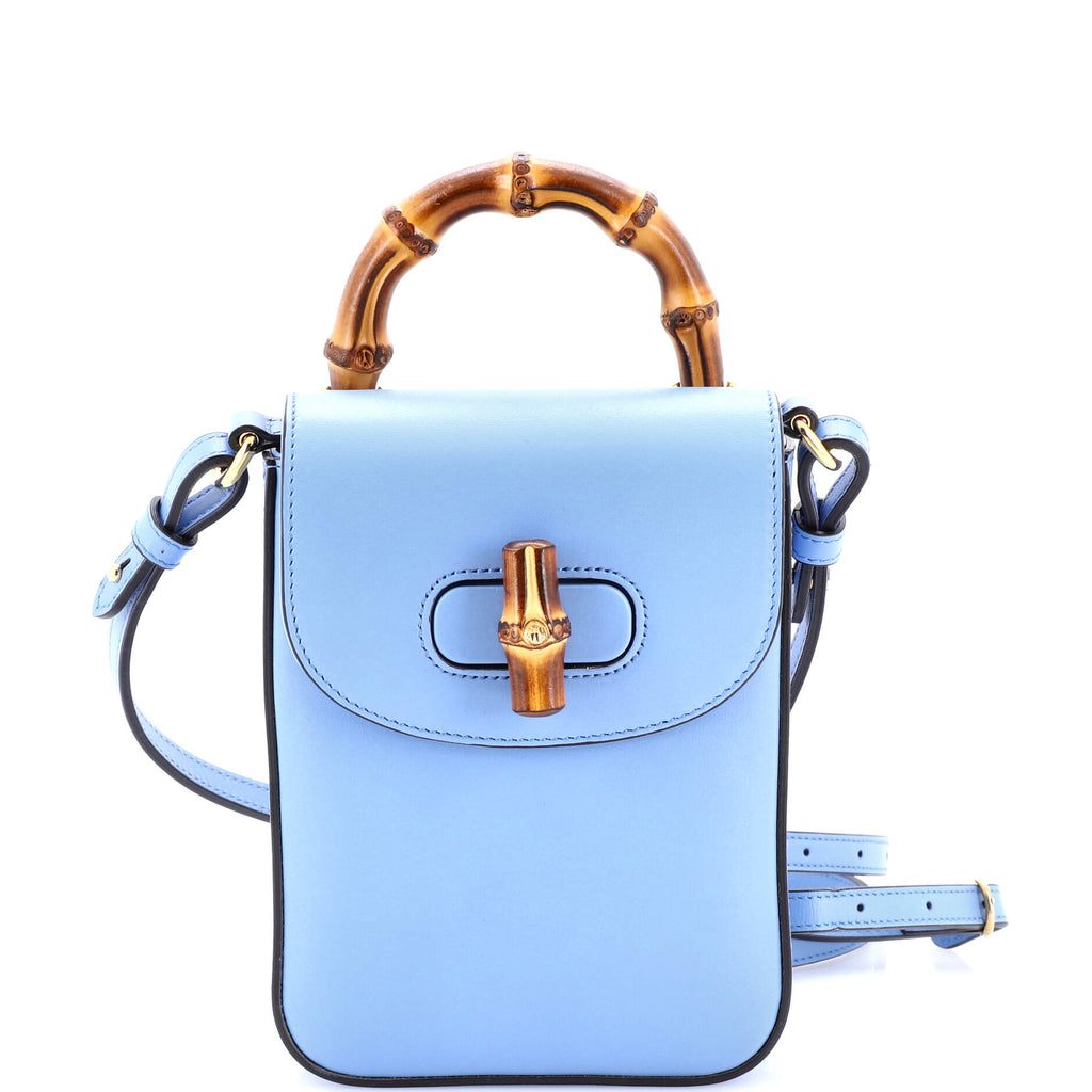 Gucci Light Blue Leather Backpack with Bamboo Handle Gucci Light Blue Pebbled Leather Bamboo Backpack Bag  main image 3