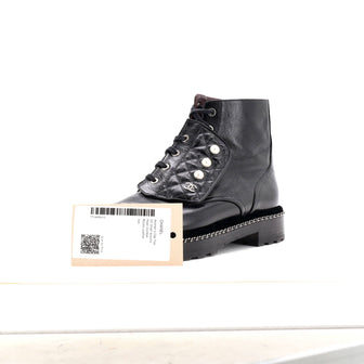Chanel Women's Cap Toe CC Chain Around Pearl Combat Boots Leather