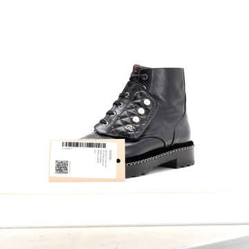 Chanel Women's Cap Toe CC Chain Around Pearl Combat Boots Leather