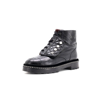 Chanel Women's Cap Toe CC Chain Around Pearl Combat Boots Leather