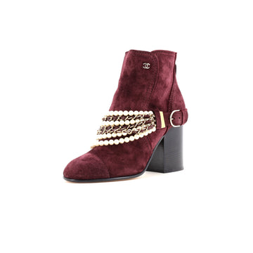 Chanel Women's Pearl Chain Strap Ankle Boots Suede