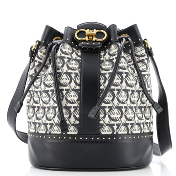 Salvatore Ferragamo Mufasa Bucket Bag Gancini Jacquard with Studded Leather Medium