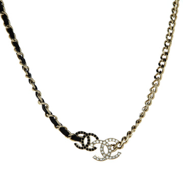 Chanel Double CC Chain Choker Necklace Metal with Leather and Crystals