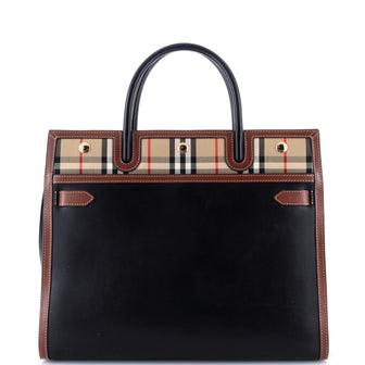 Burberry Title Two Handle Tote Leather with Vintage Check Canvas Medium