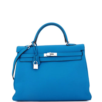Hermes Kelly Handbag Blue Clemence with Palladium Hardware 35