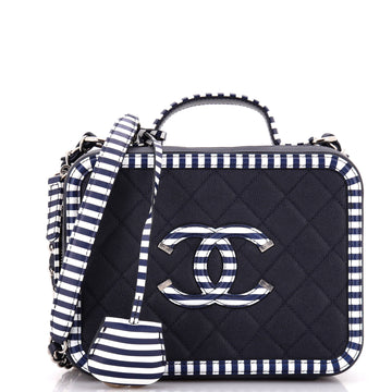 Chanel Filigree Vanity Case Quilted Caviar with Striped Leather Medium