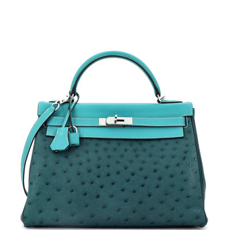Hermes Kelly Handbag Tricolor Ostrich with Swift and Clemence and Palladium Hardware 32