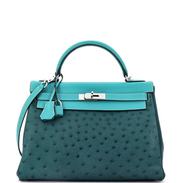 Hermes Kelly Handbag Tricolor Ostrich with Swift and Clemence and Palladium Hardware 32
