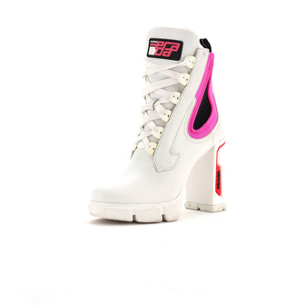 Prada Women's Heeled Lug Sole Combat Boots Leather and Neoprene