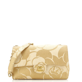 Chanel Vintage Camellia Single Flap Bag Printed Raffia Medium