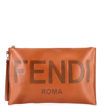 Fendi Logo Flat Wristlet Pouch Embossed Leather Large