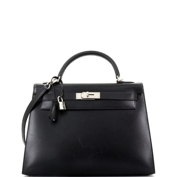Hermes Kelly Handbag Black Box Calf with Palladium Hardware 32