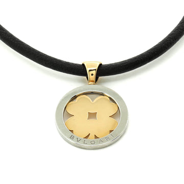 Bvlgari Tondo Clover Pendant Necklace Stainless Steel with 18K Yellow Gold and Cord