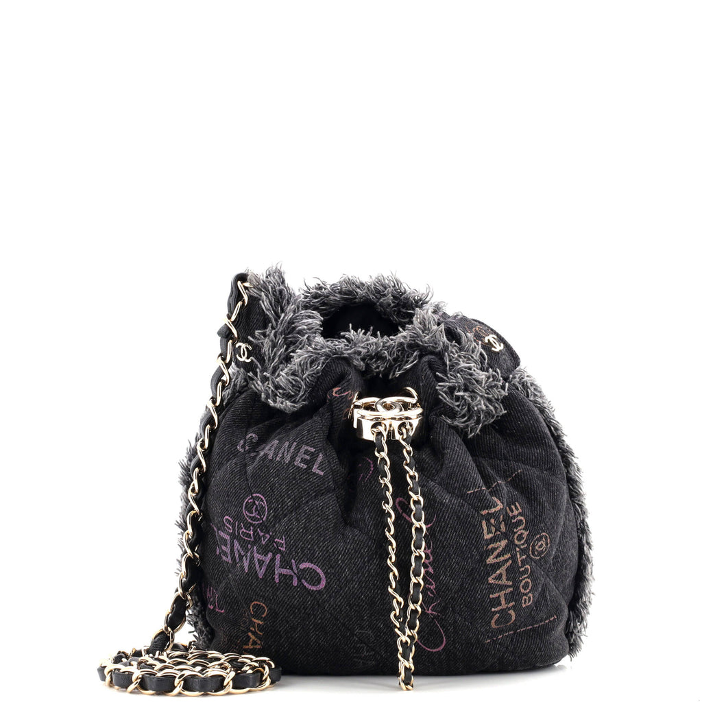 Chanel Denim Mood Chain Bucket Bag Logo Printed Quilted Fringe