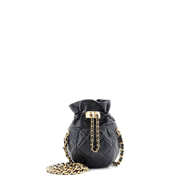 Chanel Drawstring CC Round Bucket Clutch with Chain Quilted Lambskin Mini