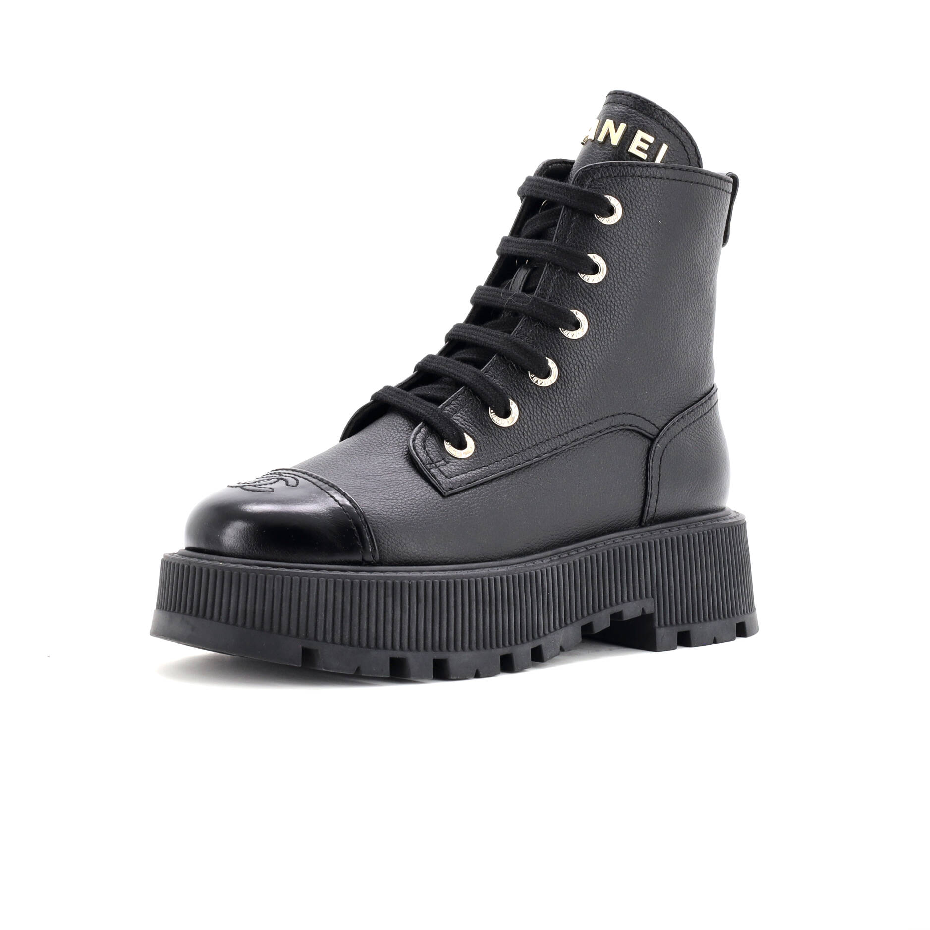 Chanel Women's CC Cap Toe Lace Up Combat Boots Leather Black 3449051